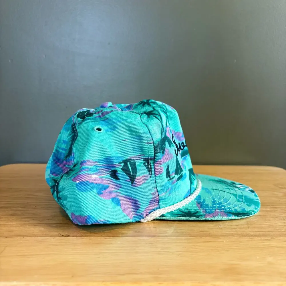 Vintage Hawaii Tropical Floral Teal Purple Rope Brim Snapback Hat